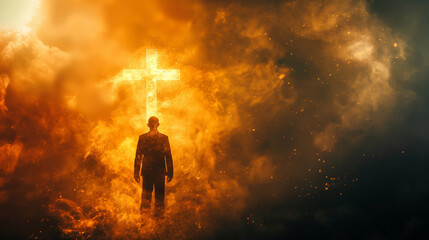 Fototapeta premium The silhouette of a person standing in front of a glowing cross in an environment filled with what appears to be flames and smoke. This image reflects a powerful spiritual struggle.
