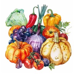 Watercolor Illustration of Fresh and Healthy Autumn Vegetables for a Cozy Seasonal Kitchen Menu