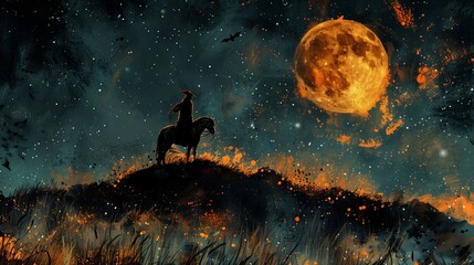 Naklejka premium Majestic Silhouette of a Rider on Horseback Under a Glowing Full Moon