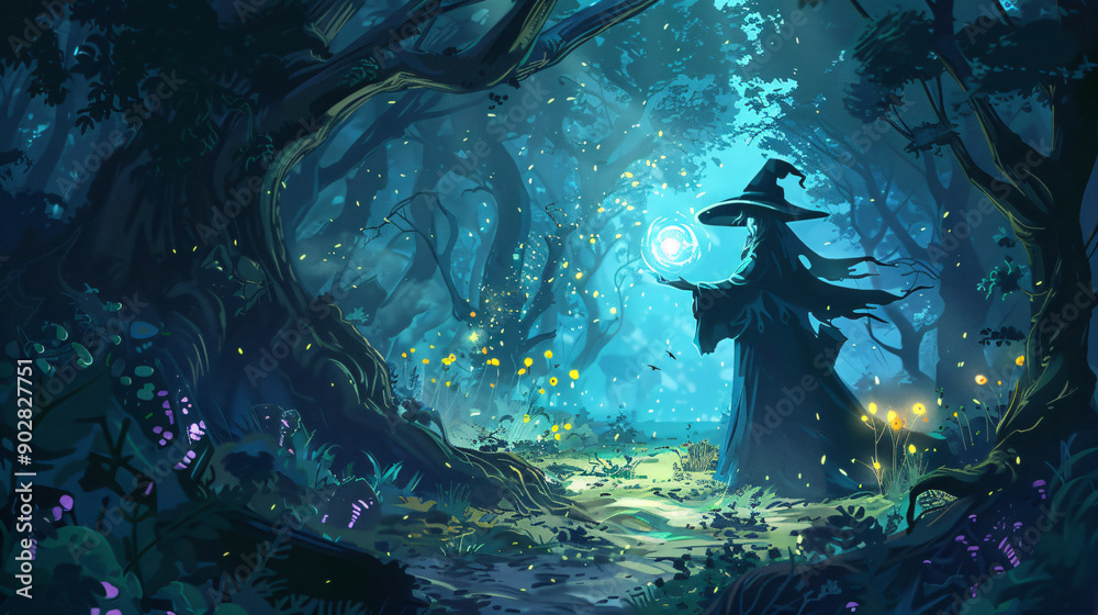 Poster Sorcerer with a long flowing robe and pointy hat is conjuring a magic spell in an enchanted forest at night