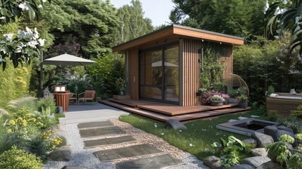 A garden house with a tranquil meditation garden, designed for relaxation and mindfulness.
