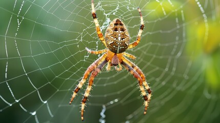 A garden spider in the center of its web, waiting for prey.