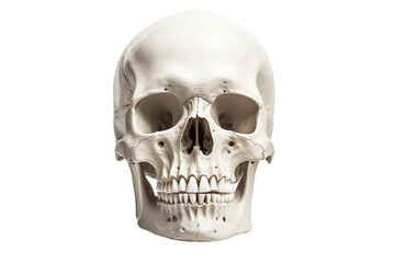 A realistic human skull is presented prominently, showcasing detailed anatomical features against a plain white background