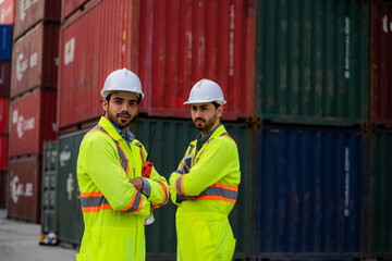 Two men in yellow and orange safety gear stand in front of a stack of containers. They are wearing hard hats and safety vests