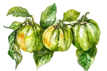 Naklejka premium Watercolor Illustration of Fresh Garcinia Cambogia, Organic Superfood and Antioxidant Ingredient
