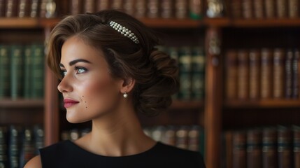 Fototapeta premium Timeless Elegance: Sophisticated Model in Black Dress with Pearls in Vintage Library
