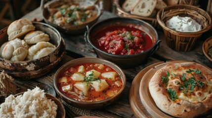 A close-up view of a traditional Slavic meal showcasing various dishes served on a rustic wooden table at a festive gathering