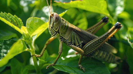 A grasshopper camouflaged among the green leaves of a garden.