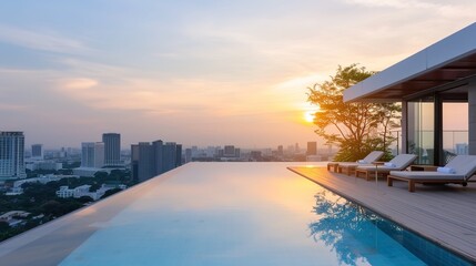 Fototapeta premium Serene Sunset Oasis: Rooftop Hotel Pool with City Skyline View and Ambient Lighting