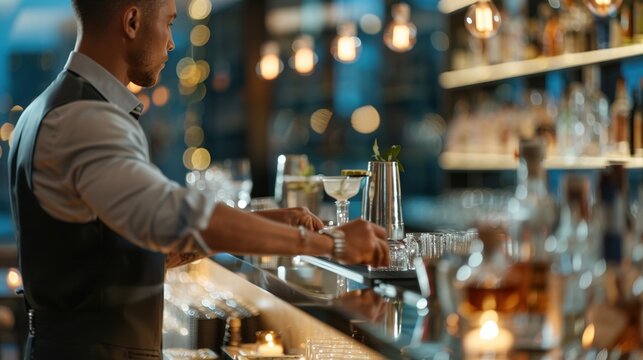 Elegant Hotel Bar with Skilled Mixologist Crafting Cocktails as Guests Savor the Evening Ambiance