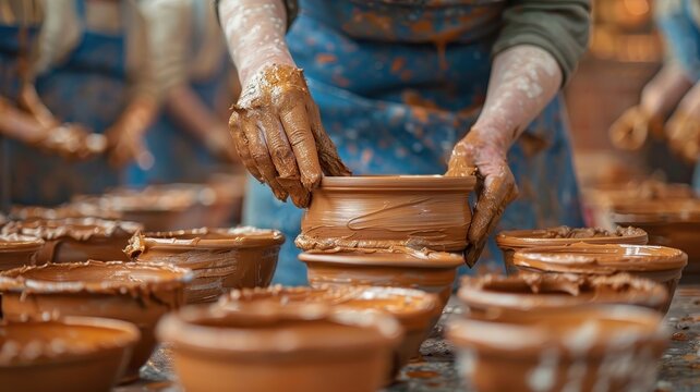 Group of adults participating in a pottery class, Workshop, Artistic and creative expression.