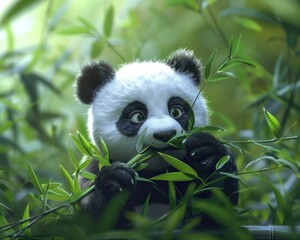 Fototapeta premium Gentle Panda Enjoying Bamboo Feast - Adorable and Peaceful Wildlife Eating Session