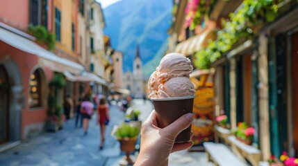 Fototapeta premium A hand holding a cup of gelato with two scoops, in front of a picturesque Italian street.