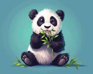 Obraz premium Peaceful Panda Munching on Bamboo: Cute and Serene Wildlife Moment