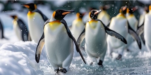 Fototapeta premium Unity in Waddles: Penguins Demonstrating Social Behavior and Community on the Ice
