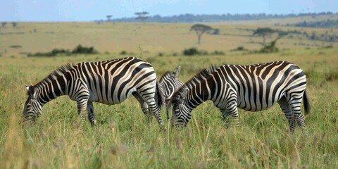 Obraz premium Elegant Zebras Grazing on Open Field, Showing Striking Striped Patterns