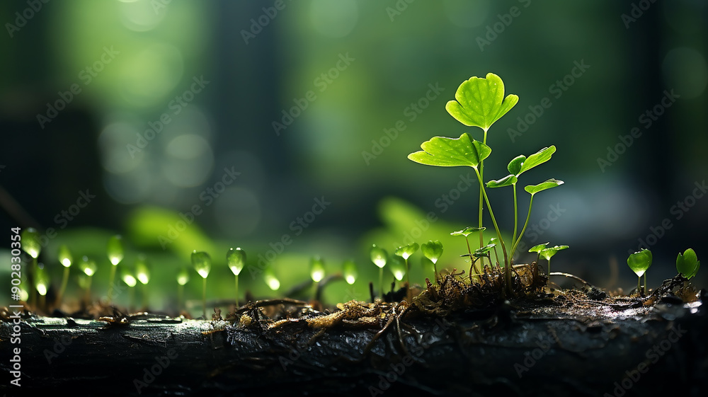 Wall mural green forest, dew drops and wet rain on young leaves and shoots in the depths of the green forest of