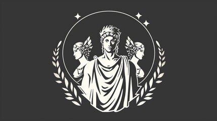 simple logo, roman style, god flanked by two goddesses, vector, monochrome style