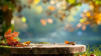 Wooden podium surrounded by autumn leaves.
