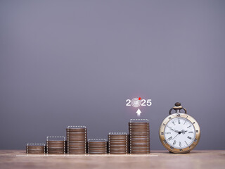 Vintage watch and stack of coins with arrow rising up. The concept of saving money for manage time to success business in year 2025.