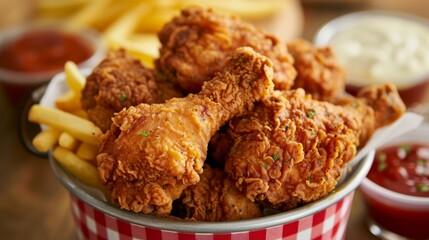 Bucket of crispy fried chicken, served with dipping sauces and a side of fries, on a picnic table