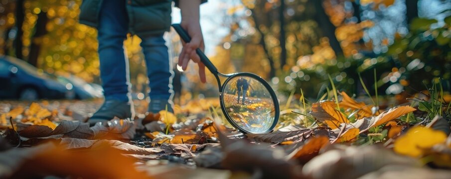 Fallen autumn leaves covering the ground in a serene park setting creating a beautiful and natural backdrop for a family treasure hunt game  The scene is filled with a sense of the changing seasons
