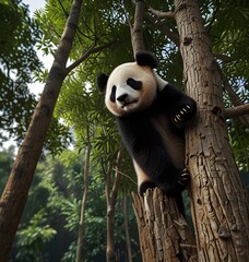 Obraz premium A black panda climbing tree