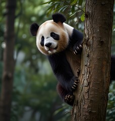 A black   panda climbing tree