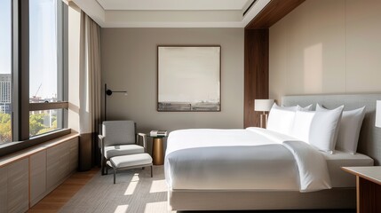 Luxurious Modern Hotel Suite with Panoramic City View, Contemporary Art, and High-End Furnishings