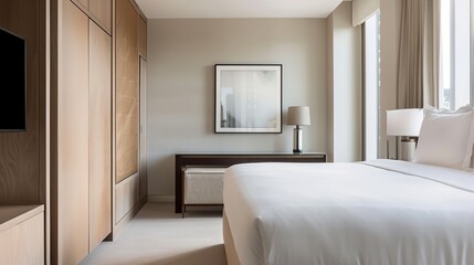 Elegant Cityscape Retreat: Modern Hotel Suite with Luxury Furnishings and Contemporary Art