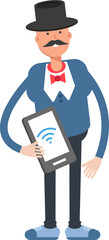 Gentleman in Top Hat Character Holding Smartphone
