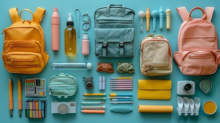 A flat lay of back to school essentials arranged on a blue background.
