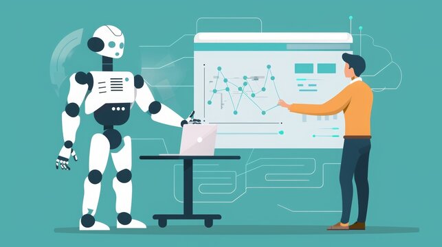 illustration of a man collaboring with a humanoide bot, they are working on a powerpoint presentation, 16:9