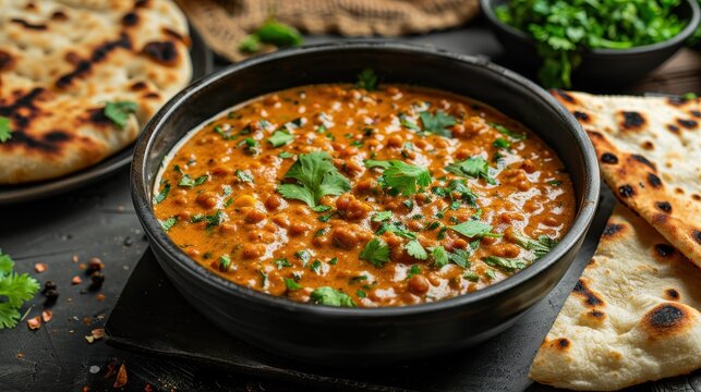 A bowl of red and white curry sits on a table next to a plate of flatbread. The curry is garnished with parsley and cilantro, and the flatbread is browned and crispy