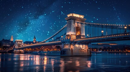 Obraz premium A majestic bridge adorned with twinkling lights, creating a stunning night scene.