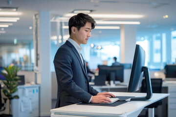 Young business professional is standing at his standing  desk while typing on a keyboard in a modern office