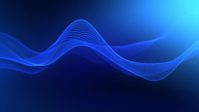 Blue wave on a blue gradient background. Vector water, liquid linear shape. The looped blue ribbon moves smoothly. Smooth fluorescent plastic line flowing. Wavy wiggle of blue digital stripe.