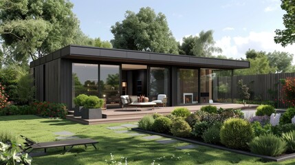 A modern garden house with sleek lines and large windows, blending seamlessly with the surrounding garden.