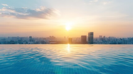 Serene Sunset Reflections: Rooftop Infinity Pool with Urban Skyline Panorama