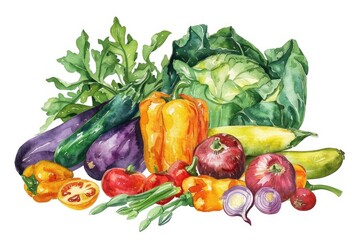 Wholesome Harvest: Fresh Watercolor Vegetables for Vegan Menu and Healthy Eating