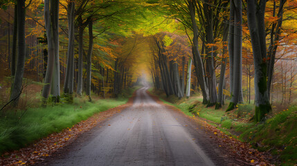 Fototapeta premium A forest path covered in autumn leaves with trees arching overhead, creating a serene and picturesque tunnel of vibrant colors.