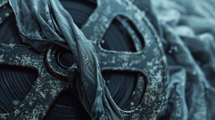 A vintage film reel is captured in close-up, featuring a partially unraveled film and showing signs of age and wear