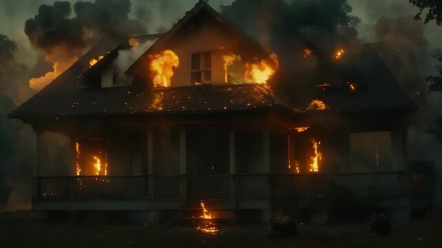 House on fire, country house engulfed in flames. Burning building