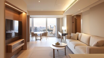 Luxurious Hotel Suite with Separate Living Area and Panoramic City View