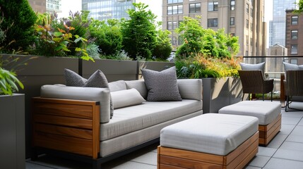 Serene Oasis: Hotel Rooftop Garden Retreat with Inviting Seating and Lush Urban Greenery