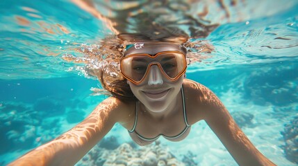 Fototapeta premium Young Woman Diving Underwater in the Sea on a Sunny Day