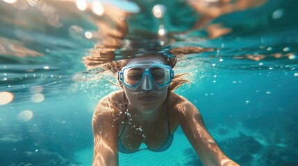 Naklejka premium Young Woman Diving Underwater in the Sea on a Sunny Day