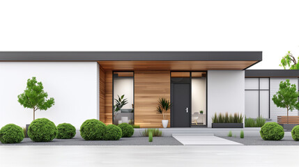 Fototapeta premium A minimalist house with wooden accents and a sleek design, featuring a modern aesthetic and lush greenery.