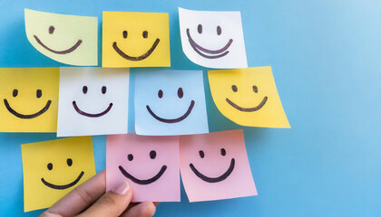 Fototapeta premium paper cut happy smile faces, positive thinking, mental health assessment , world mental health day concept