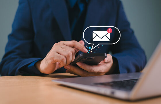 Email campaign alert concept. New email send notification for business e-mail communication. Digital marketing, internet technology. Inbox receives electronic message invite. Man touch on newsletter.